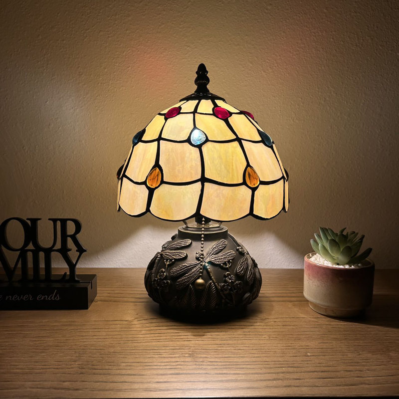 Standwood Tiffany Mini Table Lamp Gold Stained Glass Crystal Beans LED Bulb Dragonfly Base 12"H*8"W*8"D