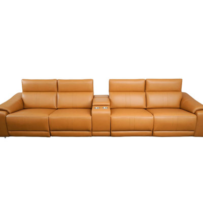 Canapé d'angle 5 pièces en cuir orange avec espace de rangement et sièges inclinables électriques, confortable pour le salon, style moderne, rembourrage en coton technique
