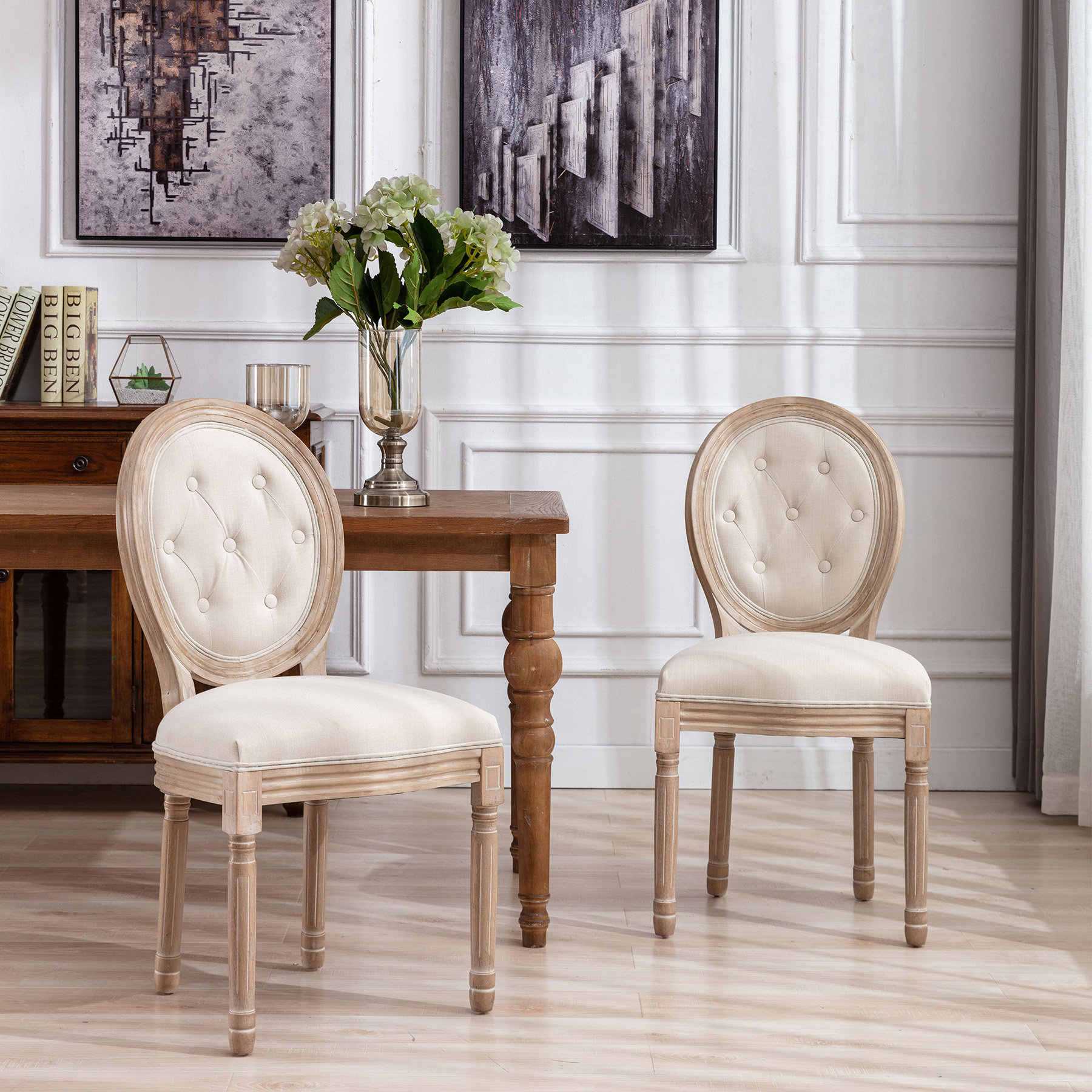 King Louis Back Side Chair Set of 4 French Country Dining Chairs  Upholstered Linen Dining Room Chairs,Beige 