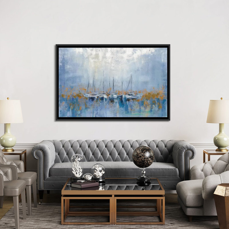 «Bateaux dans le port I», reproduction sur toile, H 18 po x l 26 po x P 1,5 po, Toile avec cadre noir, Pas de tapis