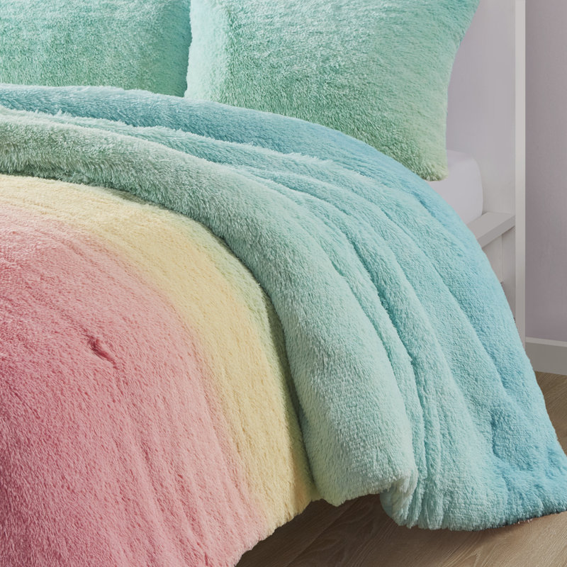 Primrose Pastel Ombre Shaggy Faux Fur Comforter Set, Twin/Twin XL Comforter + 1 Standard Sham, Pink/Yellow/Teal