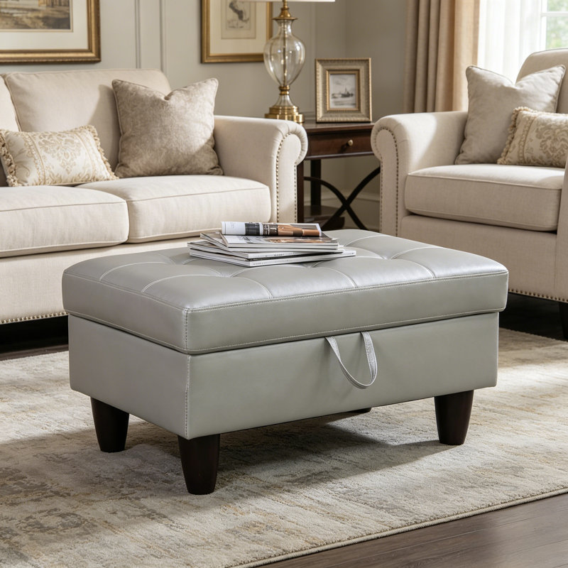 Silver Faux Leather Rectangular Lift Top Storage Ottoman Foot Stool, 33.5"×22"×17", Silver Faux Leather