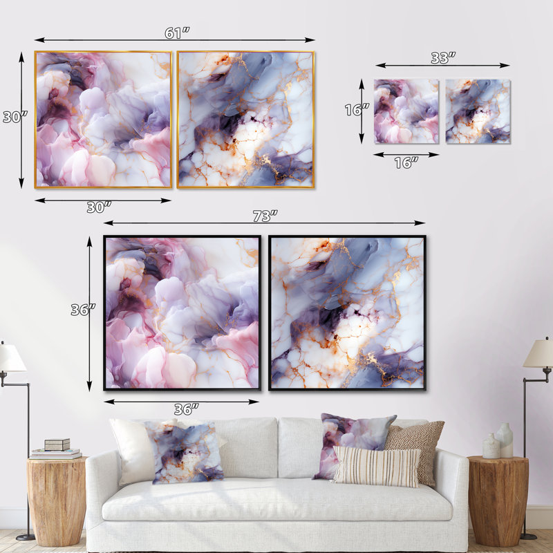 Enchanted - Brume de marbre mauve clair - ensemble de 2 collages carrés abstraits, Cadre flottant noir, H 16 po x l 33 po