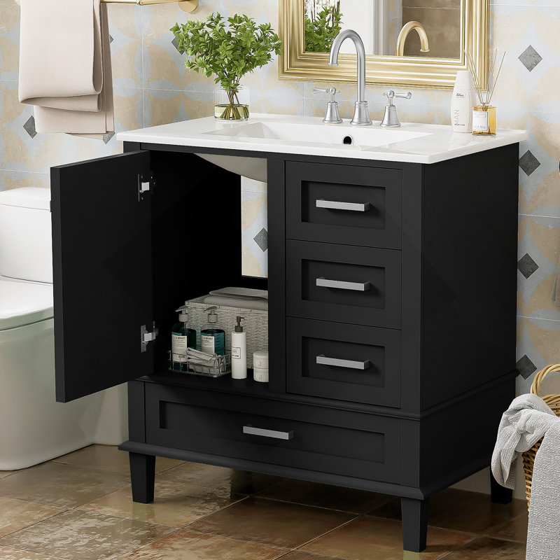 Ensemble de meuble-lavabo moderne avec lavabo 30 po, meuble-lavabo moderne avec porte à fermeture douce et 3 tiroirs, structure en bois massif (noir)
