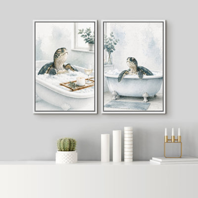 Sea Turtle Ocean Bath Relax Bathroom Coastal Artwork Wall Art Decor Framed On Canvas 4 Pieces Print