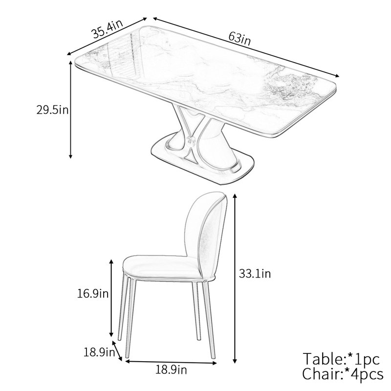 Ensemble de table rectangulaire luxueux de style italien, H 29,5 po x L 63 po x l 35,4 po