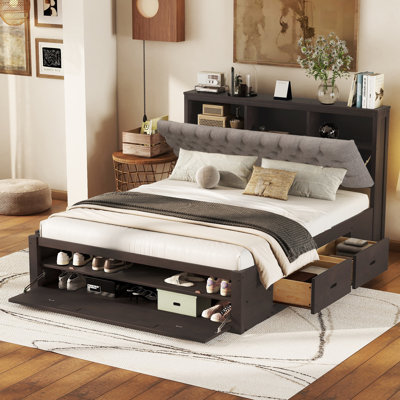 Wood Queen Size Platform Bed With Storage Headboard, Shoe Rack And 4 Drawers,Espresso
