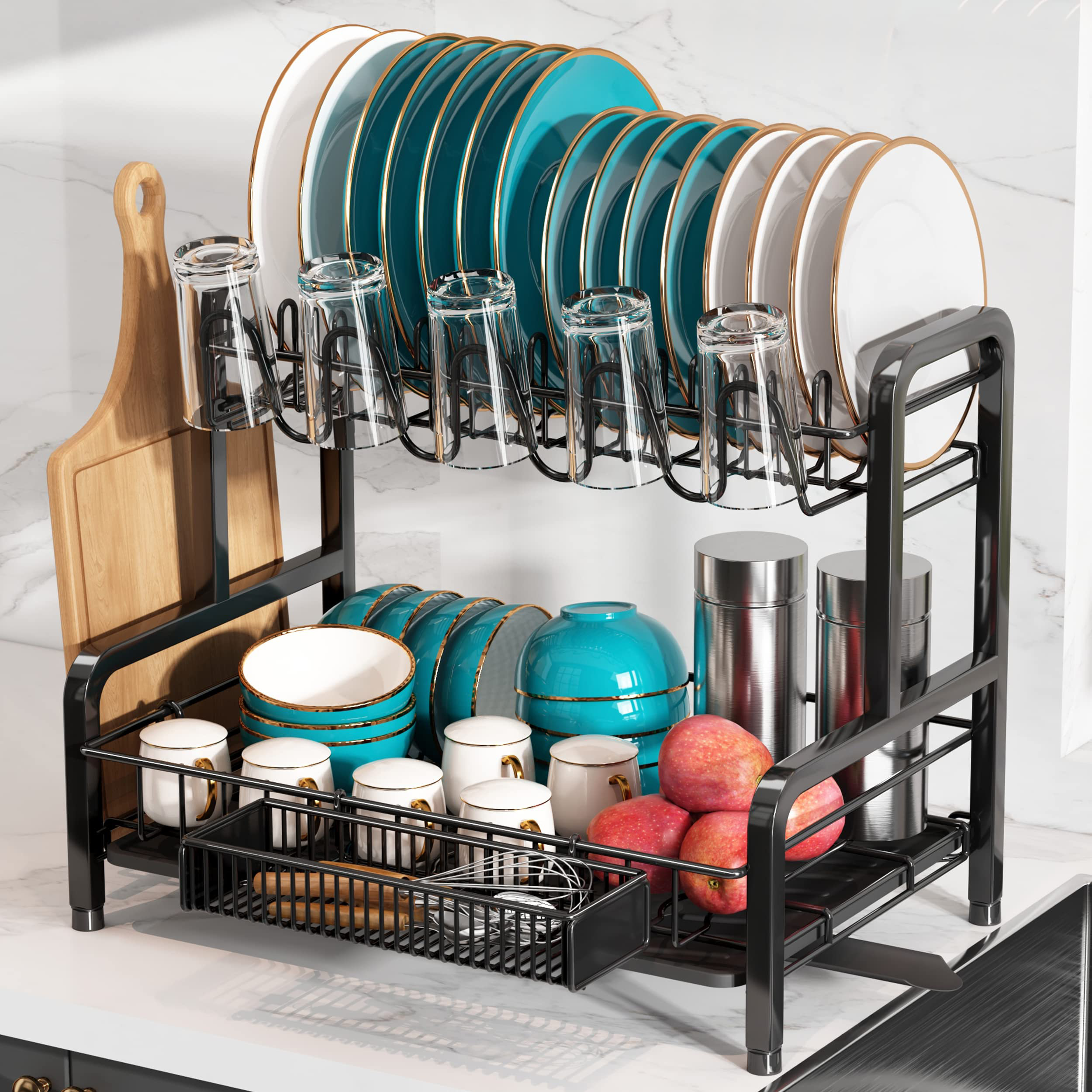 NIERBO Large 2-Tier Stainless Steel Dish Drying Rack With Rotating ...