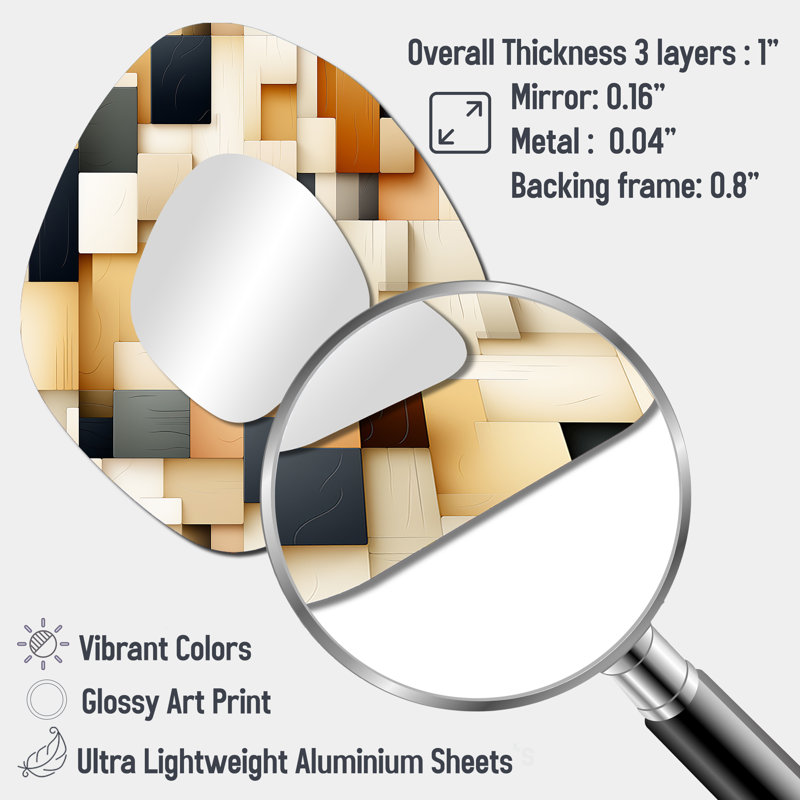 Abstrait taupe Blockchain Blocks I - miroir géométrique unique de forme unique, miroir asymétrique moderne, impression d'art en métal