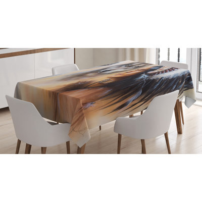Ambesonne Colorful Tablecloth, Blur Mystic Painting Of Young Native Man Feather With Wolves, Rectangular Table Cover For Dining Room Kitchen Decor, 52" X 70", Multicolor