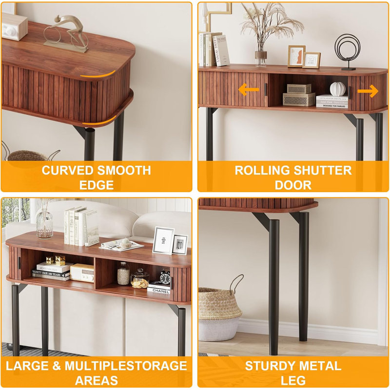 Console Table With Storage,wood Sofa Console Table With Sliding Door, Brown Wood