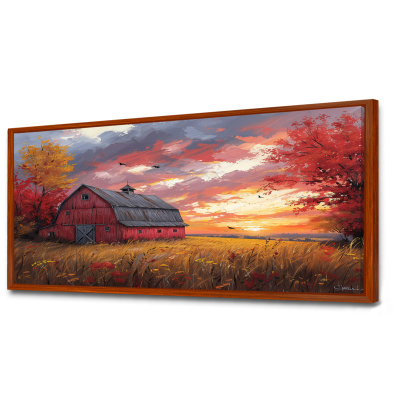 «Autumn Red Barn Breeze II» - reproduction d'art murale grange, Toile avec cadre flottant brun, H 28 po x l 60 po x P 1,5 po