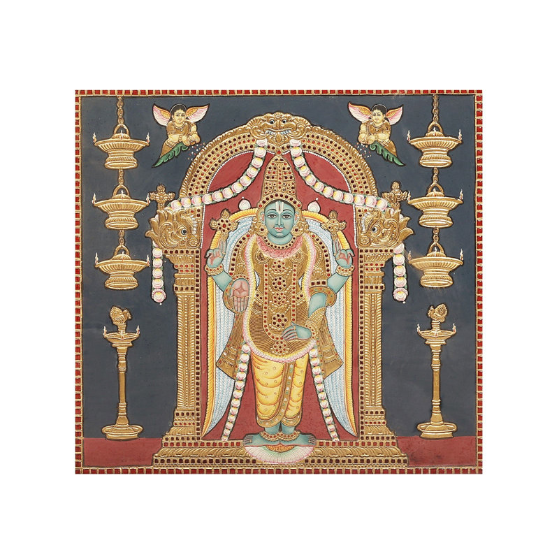 Grand Vishnu avec Ashtalakshmi Tanjore | Couleurs traditionnelles avec or 24 carats | Structure en bois de teck