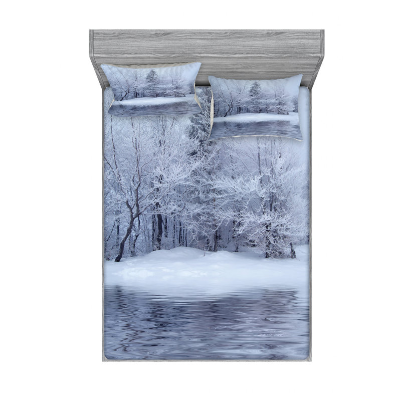Ensemble de draps Frozen Lake in Winter Blizzard Forest Water Cold Icy, Taies d'oreiller pour grand lit