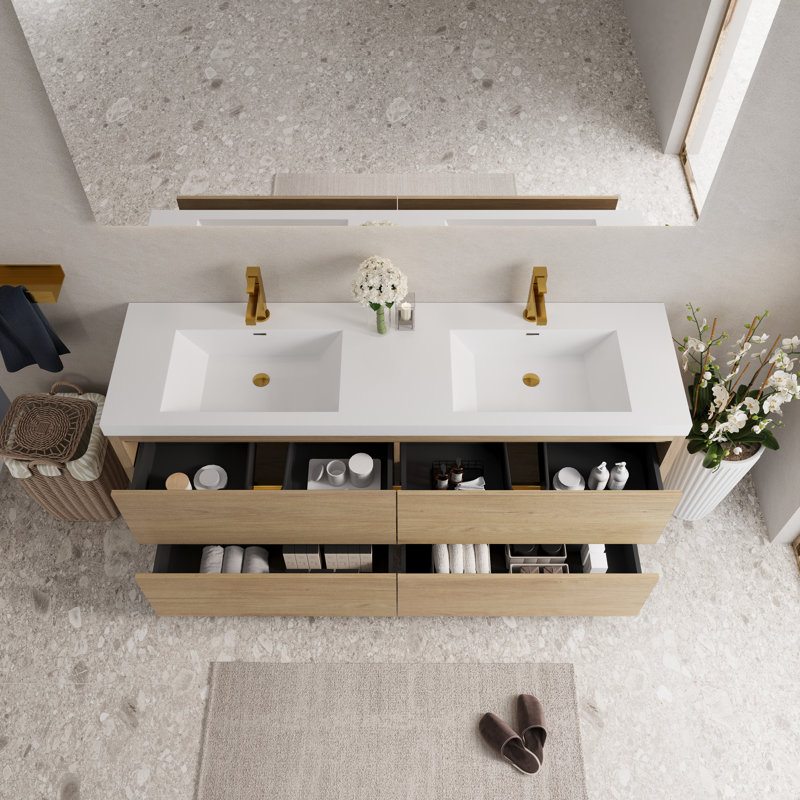 72" Freestanding Double Bathroom Vanity Modern Style Vanity with Integrated Solid Surface Countertop and 2 Sinks, 4 Soft Close Drawers
