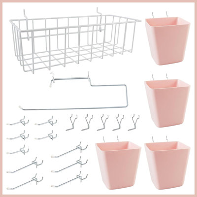 21‑Piece White & Pink Pegboard Accessories Set, Mixed Baskets Cups Hooks for Garage Craft Hobby Storage