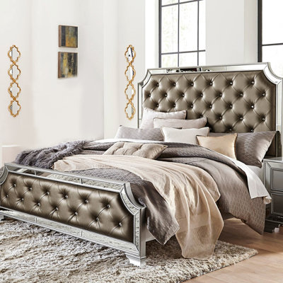 Silver Bed Frame For Queen, Button-, Beveled Mirror Trim, Modern Bedroom Sophisticated Accent, Box Spring Necessary Queen Of , Button- Headboard And , Alluring Decor, Needed