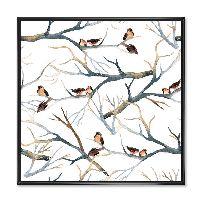 «Little Birds on the Tree Branches I», peinture sur toile, H 16 po x l 16 po x P 1 po, Cadre flottant noir