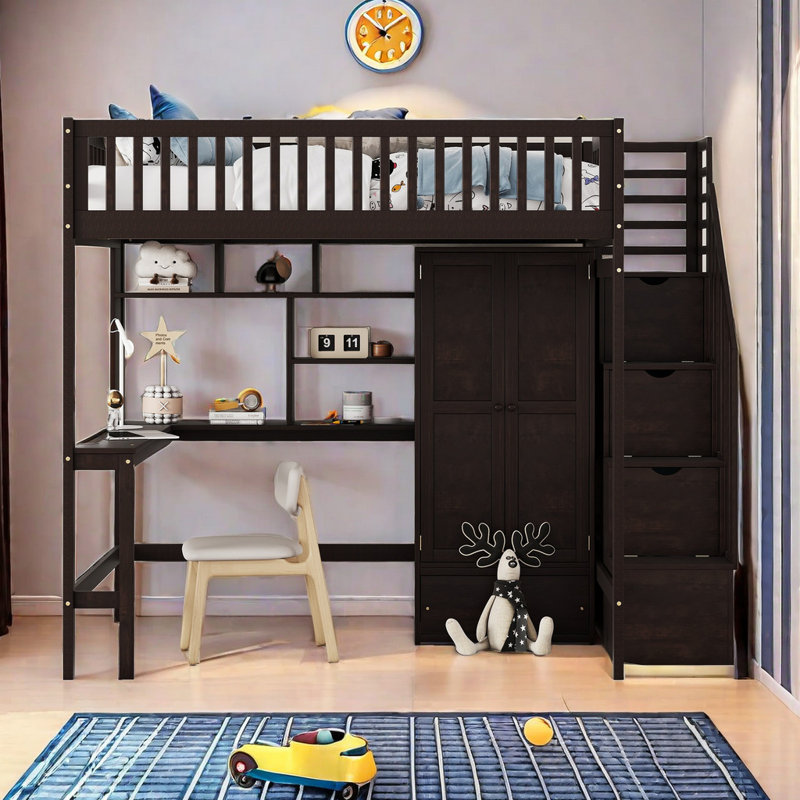 Lit mezzanine double avec tiroirs Kahlie Kids, Espresso
