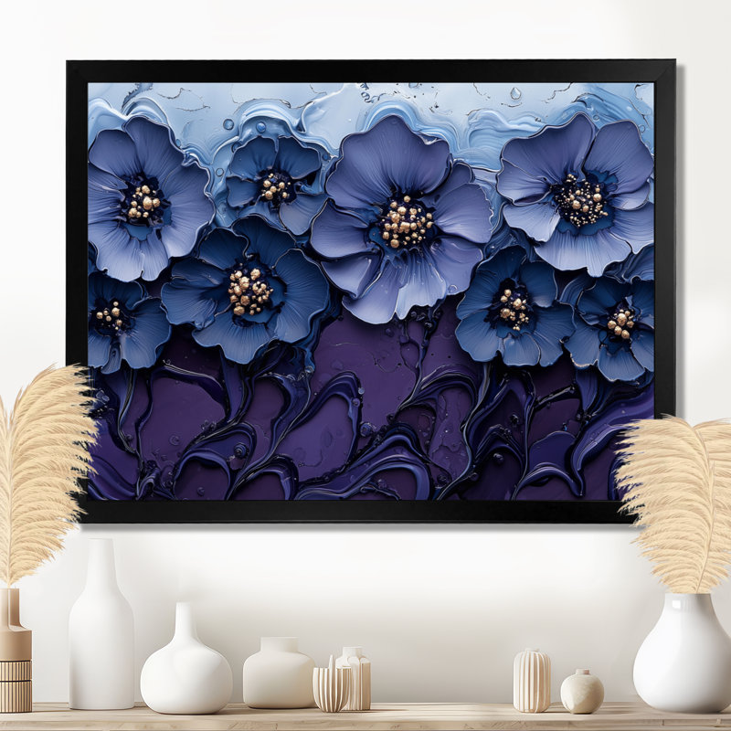 «Aqua Blue Poppies Dreamscape At Night II», art mural coquelicots, H 12 po x l 20 po, Cadre simple noir