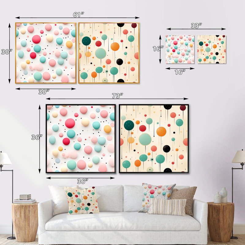 Funky Polka Dot Delights - Ensemble de 2 collages carrés à formes abstraites, Cadre flottant blanc, H 36 po x l 73 po