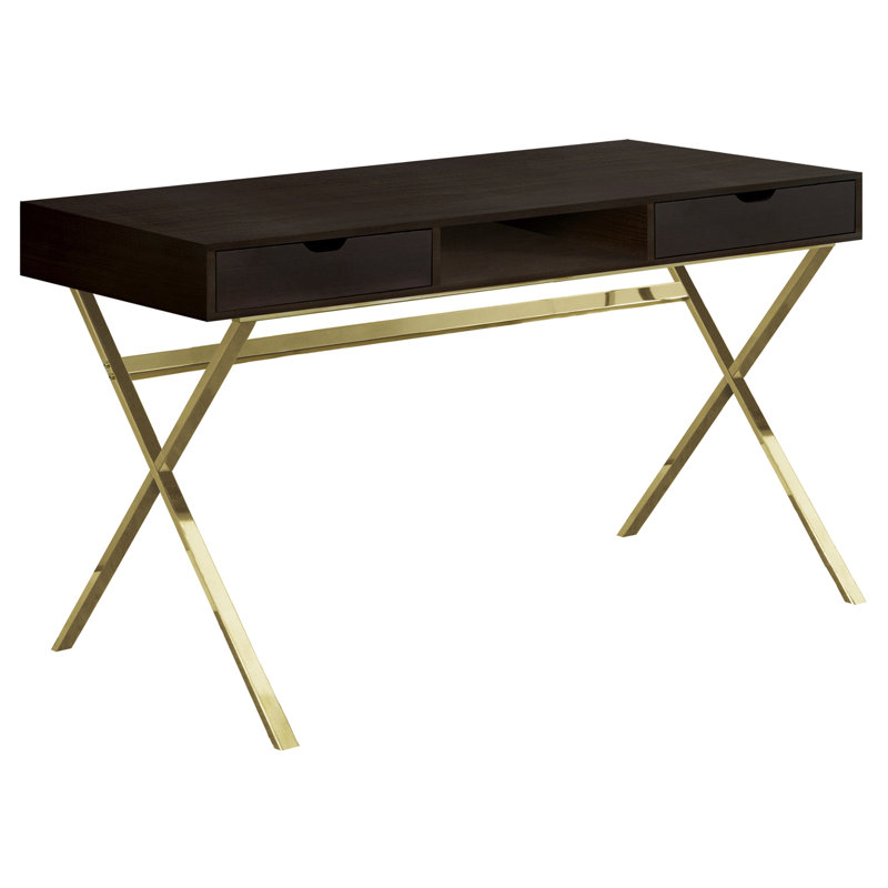 Table d'ordinateur de bureau à domicile avec plateau en stratifié brun de 48 po, base en métal doré et tiroirs de rangement pour poste de travail efficace