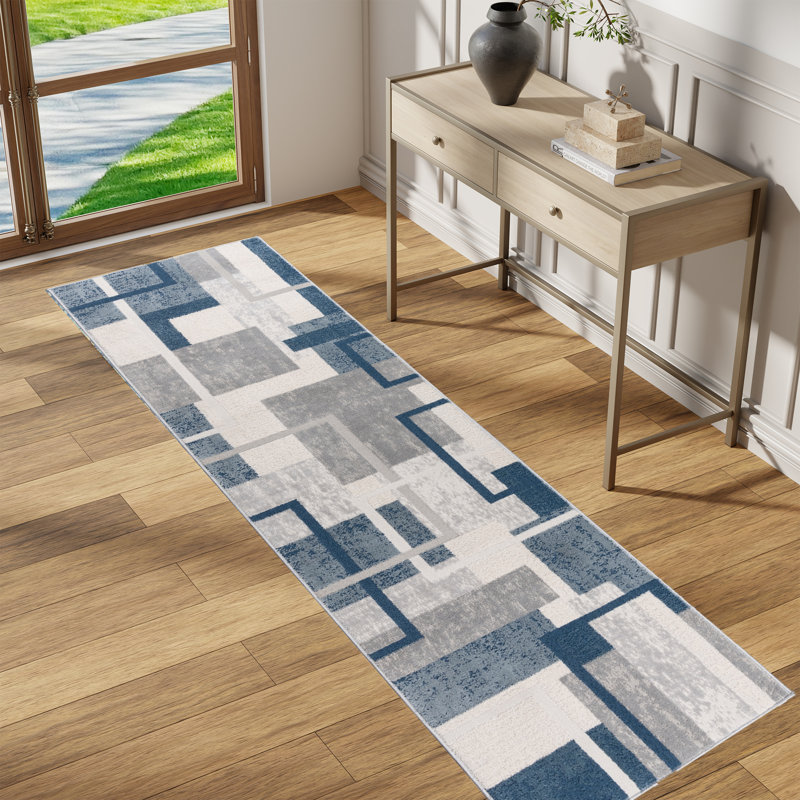 Ethan Abstract Geo High-Low Indoor Area Rug, Modern Blue Polyester/Polypropylene – Living Room & Bedroom, Rectangle 2'2" x 8'