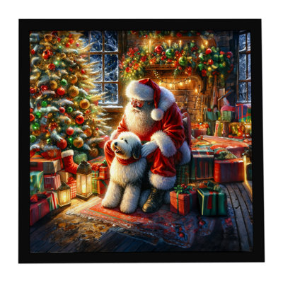 «Old English Sheepdog and Santa Claus», reproduction d'art encadrée