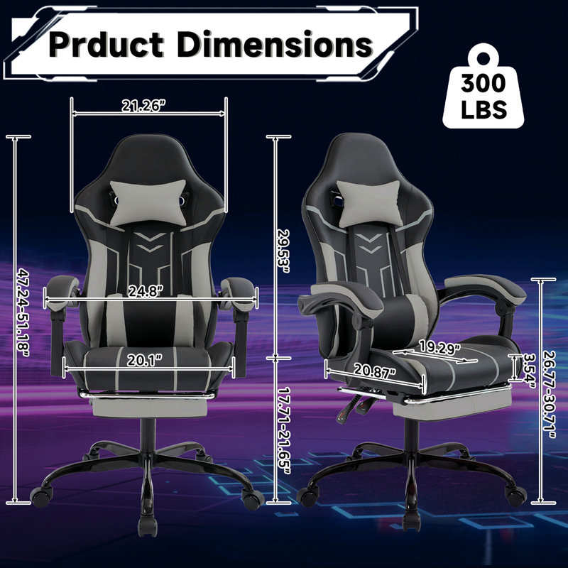 Chaise de jeu noire et grise, chaise d'ordinateur ergonomique, avec repose-pieds, chaise de bureau ergonomique avec dossier lombaire
