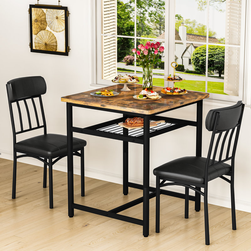 3-Piece Square Dining Table Set, Retro Farmhouse Style Small Kitchen Table And Chairs Set With MDF Table Top And Metal Frame, Space-Saving Bar Table Set For 2 With Wine Rack, For Small Space, Dining Room, Apartment