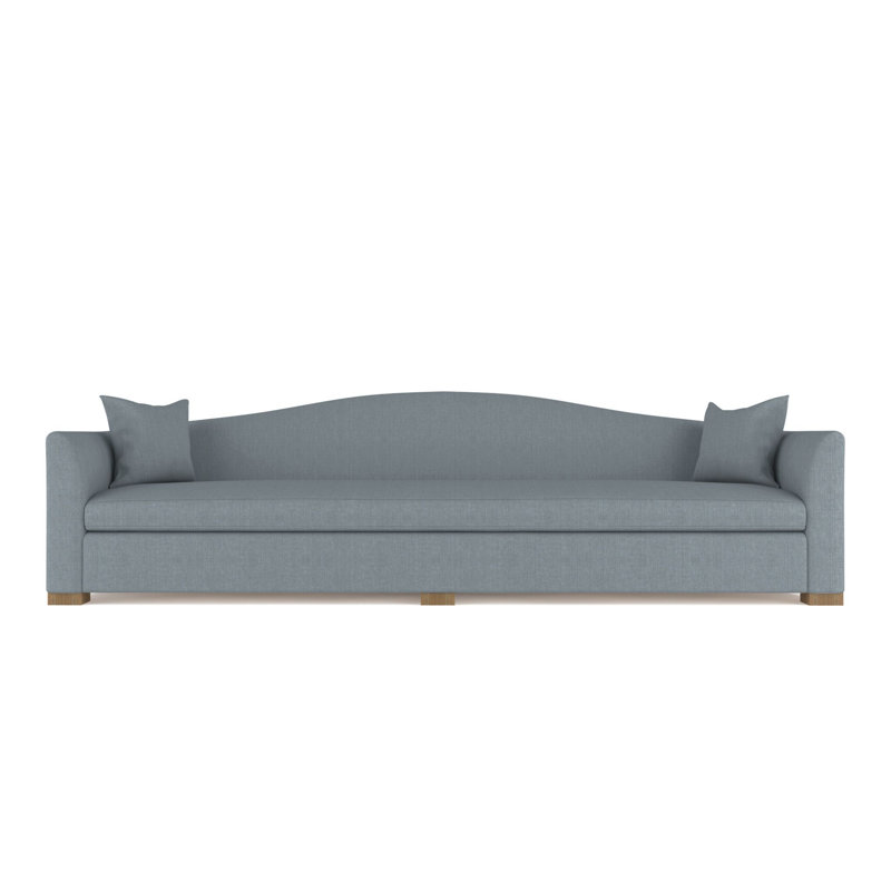 Horatio Camelback Taper Curved-Arm Extra Long Sofa, 33" H x 120" W x 36" D, Dark Brown, Box Weave Linen Bluebell