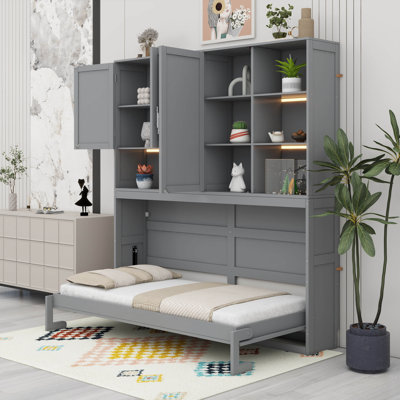 Lit escamotable simple avec armoire de rangement et tablettes, lumière intégrée et charge USB