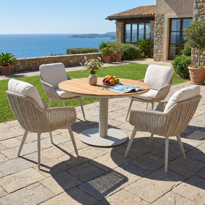 Salerno 4 Person FSC Teak Patio Dining Set Round Table Aluminum Grey Rope Chairs Weather Resistant Olefin Cushions