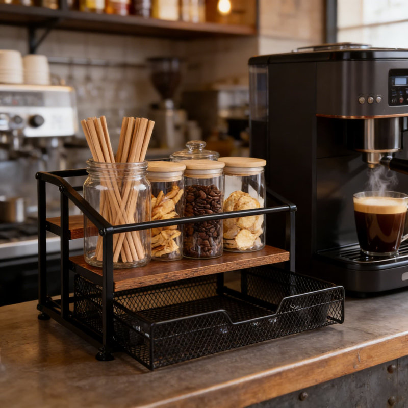 Rangement à 3 étages pour sirop de café avec tiroir coulissant, pouvant contenir 8 bouteilles et 40 tasses pour café, comptoir de cuisine ou station de café