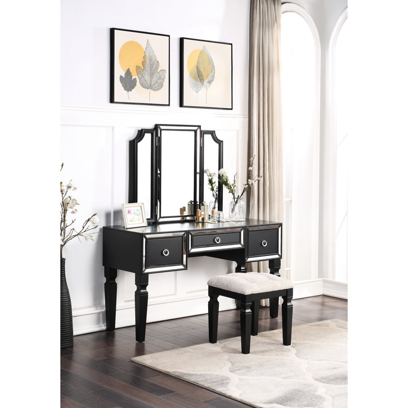 Meuble-lavabo noir majestueux pour la chambre à coucher, avec tabouret, 3 tiroirs et 3 miroirs , Noir