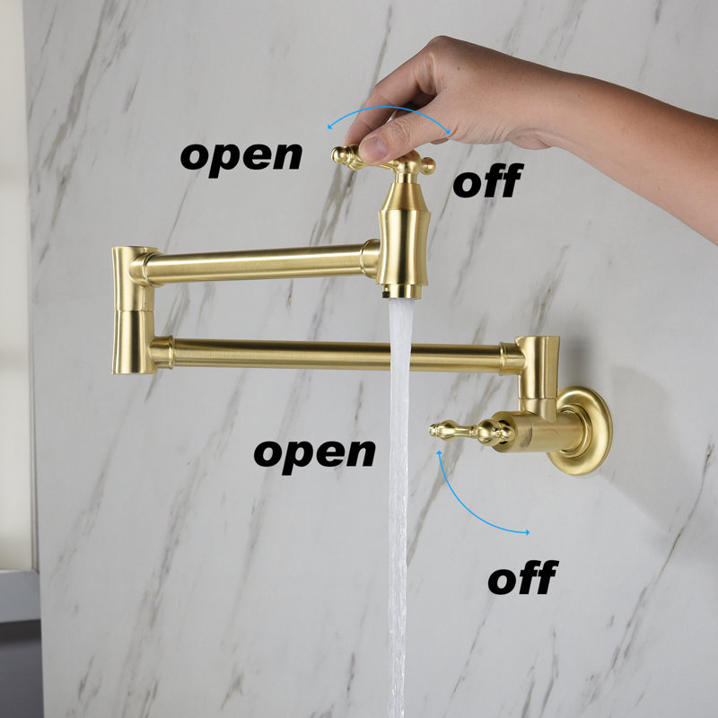 Wall Mount Pot Filler Faucet In Gold Brass, Arm For Convenient Filling Operation, Double Handles Controlled Water Supply Volume Control, Corrosion And Fingerprint- Surface Mark Signal, Silent Splash-