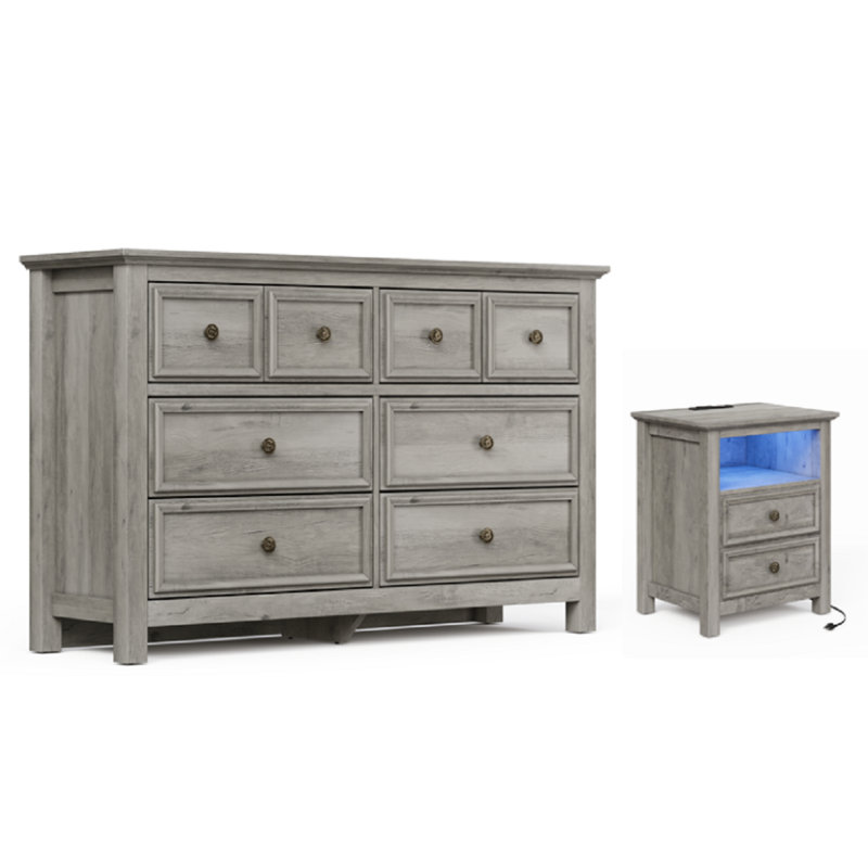 Ensemble de commode 2 pièces - commode 8 tiroirs et tables de chevet 2 tiroirs avec station de charge et DEL, gris délavé