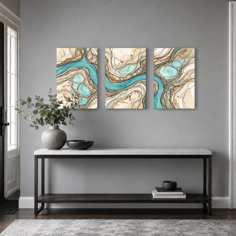 "Turquoise River" qui coule à travers beige et brun, ensemble de 3 toiles, 30"H x 20"W x 3pcs