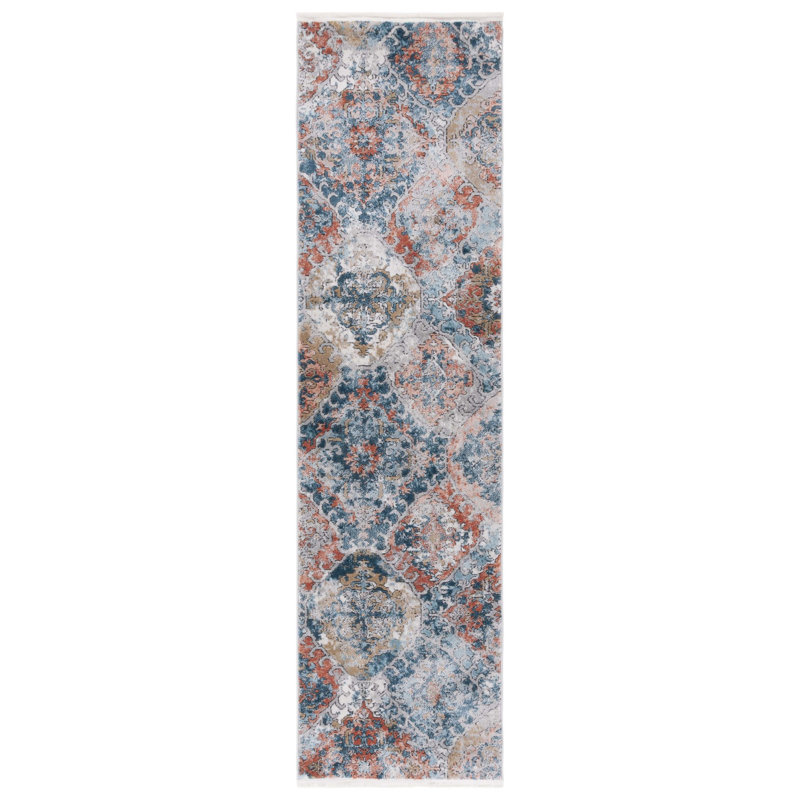 Tapis oriental bleu / rose Franek, Tapis de couloir 2 pi 2 po x 8 pi