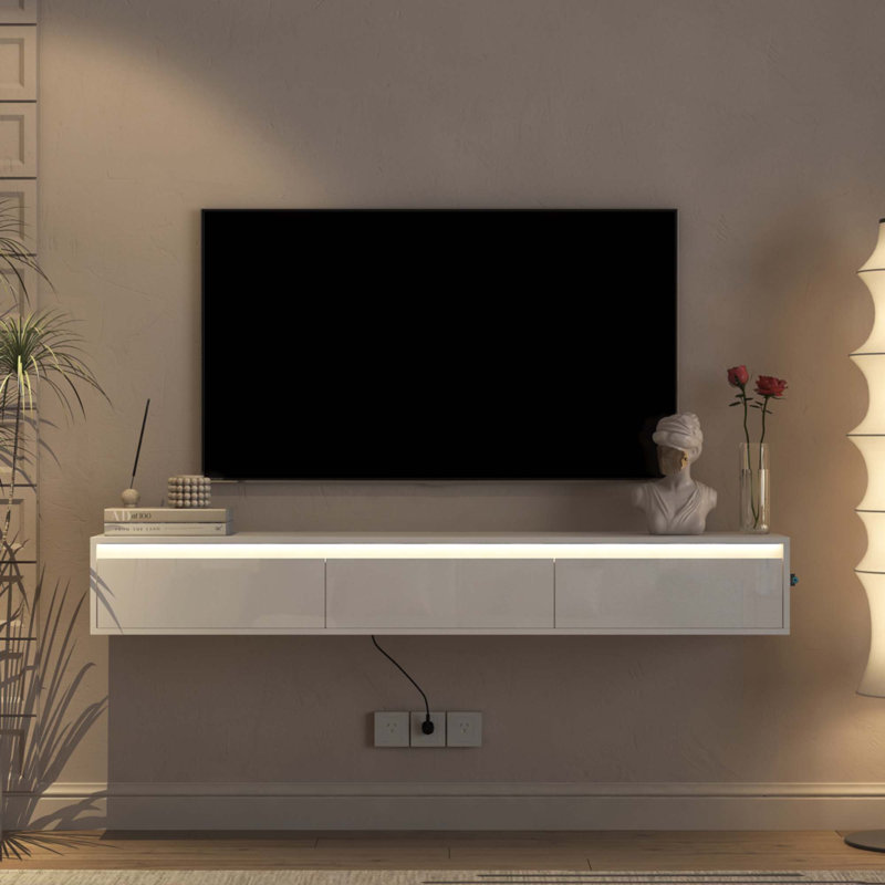 Floating Wall Mounted TV Stand With LED Lights, Power Outlet, And High Gloss Finish For Living Room | Gift Idea, White