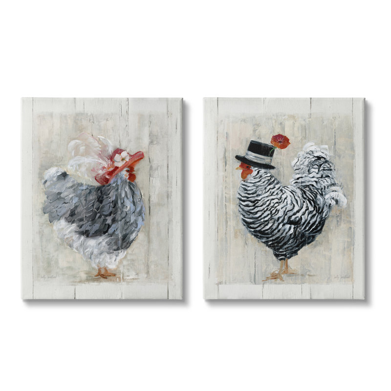 «Farm Rooster and Hen Vintage Birds Brim Hats», ensemble de 2 impressions, H 20 po x l 16 po x P 1,5 po, Toile tendue