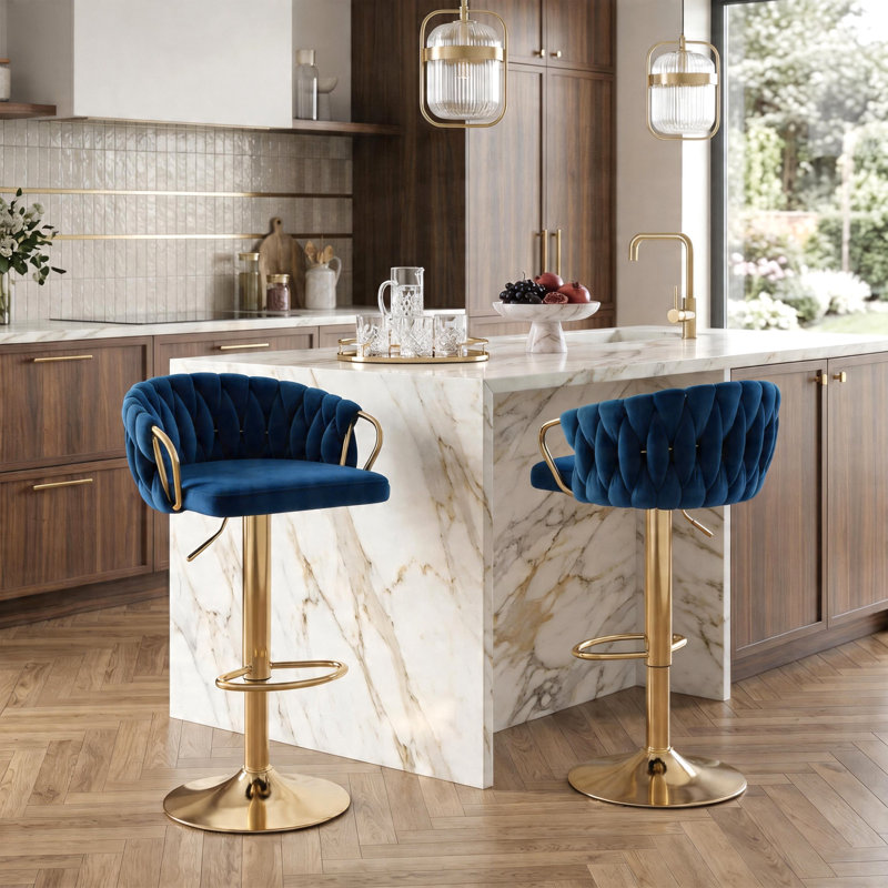 Christal Swivel Upholstered Adjustable Height Counter Stool, Navy Blue