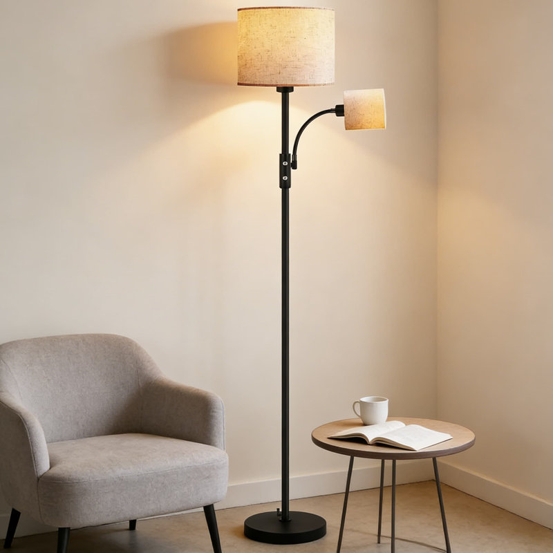 Modern Floor Lamp With Dual Lampshades, 62-Inch Standing Lamp For Living Room, Bedroom, Or Office, Compatible With E26/E12 Bulbs And Smart Home Devices