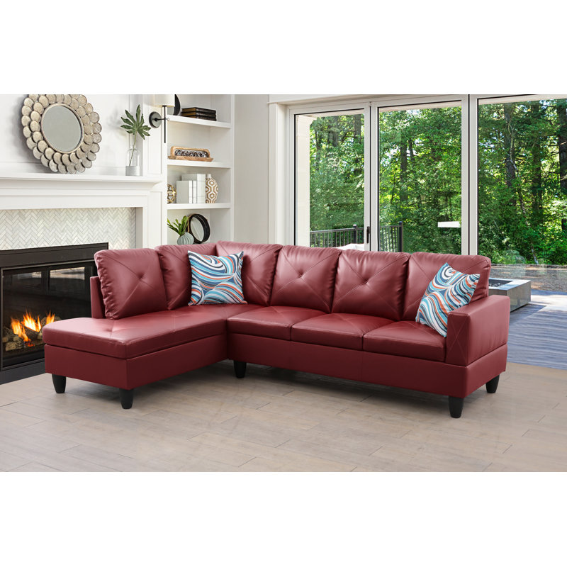 Elaynah Faux Leather L-Shaped Sectional, Left Hand Facing, Red Faux Leather