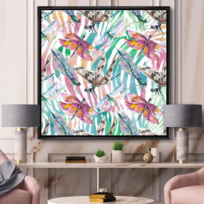 Libellule exotique sur fond tropical - reproduction d'art sur toile, H 30 po x l 30 po x P 1 po, Toile avec cadre noir