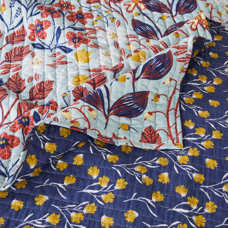 Slate Blue Floral Reversible Microfiber Full Quilt Set