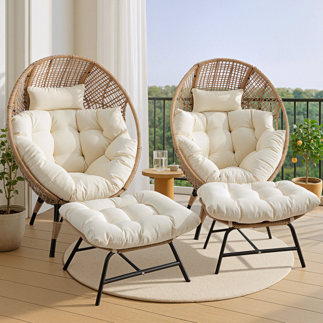 Bagryana 2-Piece Outdoor Wicker Egg Chair Set with Ottomans and Cushions – Indoor/Outdoor Patio Lounge Chairs Bayou Breeze Cushion