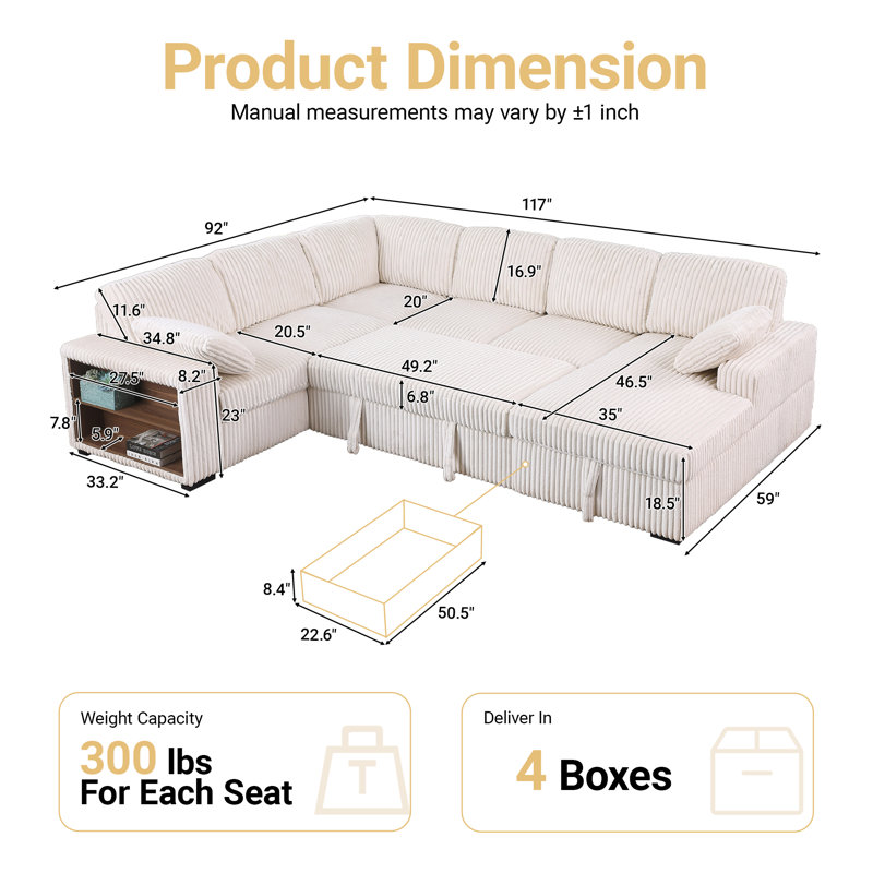 117" Convertible Sleeper Sofa Bed U-shaped Corduroy Sectional Pull-Out Couch With Storage Armrest & Storage Chaise & Corner