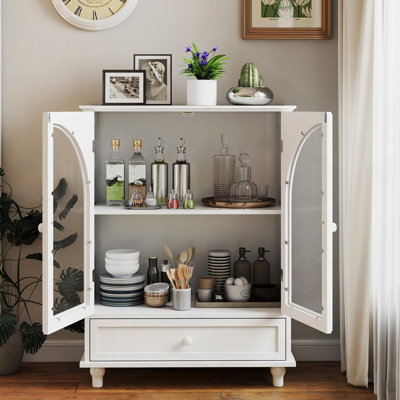 Armoire de rangement à porte en verre arquée avec plateau à niveaux et 1 tiroir, armoire-buffet pour le salon-bar