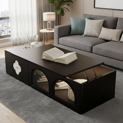 Modern Black Lift Top Coffee Table With Hidden Storage, Arched Glass Display And Elegant Clover Inlay